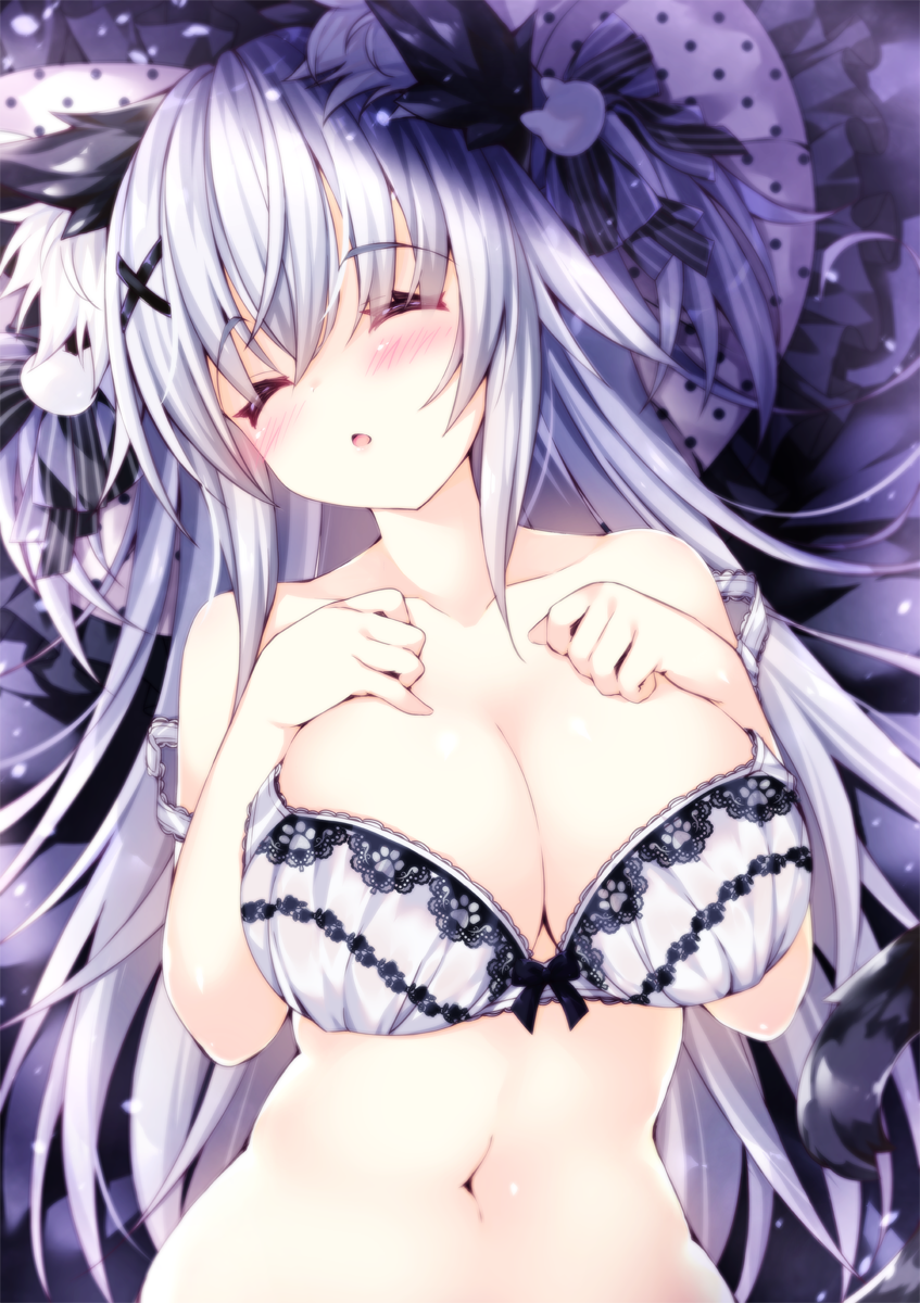 1girl animal_ears bangs black_bow blush bow bra breasts cat_ears cat_hair_ornament cleavage collarbone commentary_request eyebrows_visible_through_hair eyes_closed hair_between_eyes hair_bow hair_ornament hands_up highres large_breasts long_hair lying navel on_back ooji_cha original oziko_(ooji_cha) parted_lips silver_hair sleeping solo striped striped_bow two_side_up underwear upper_body very_long_hair white_bra x_hair_ornament