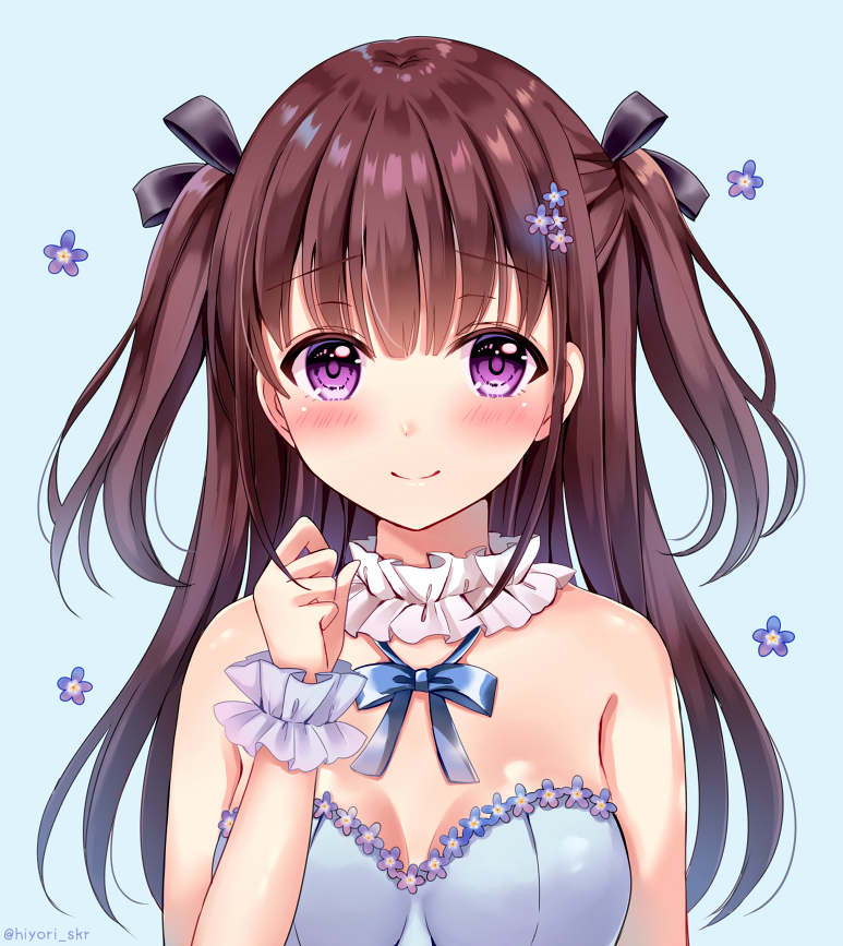 1girl bangs bare_shoulders black_bow blue_background blue_bow blue_bra blush bow bra brown_hair closed_mouth commentary_request eyebrows_visible_through_hair flower hair_between_eyes hair_bow hair_flower hair_ornament hand_up long_hair original purple_eyes purple_flower sakura_hiyori simple_background smile solo two_side_up underwear upper_body very_long_hair wrist_cuffs