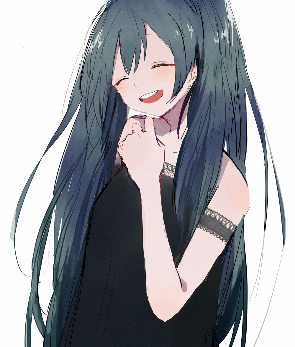 :d ^_^ bangs bare_shoulders black_dress blue_hair closed_eyes commentary_request dress eyebrows_visible_through_hair hand_up hatsune_miku long_hair open_mouth simple_background smile solo teeth twintails very_long_hair vocaloid white_background yukimori_nene
