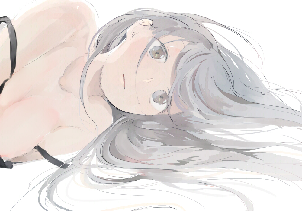 breasts collarbone commentary_request expressionless grey_eyes grey_hair long_hair medium_breasts original parted_lips solo strap_slip yukimori_nene