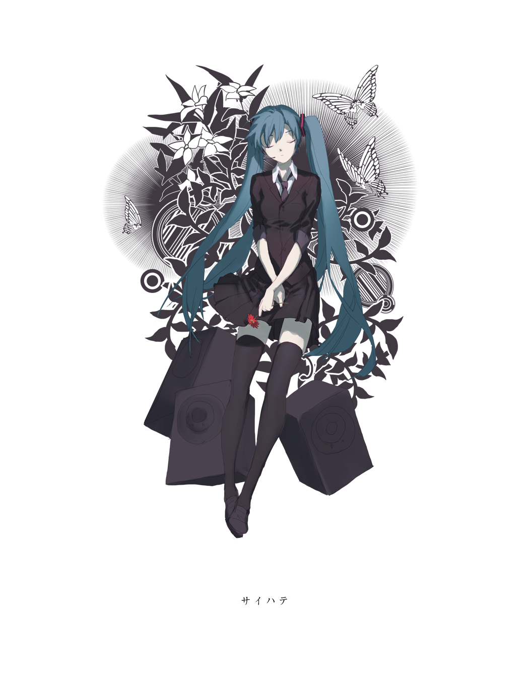 amplifier bangs black_footwear black_legwear black_skirt blue_hair bug butterfly cardigan closed_eyes closed_mouth copyright_name floral_background flower full_body hatsune_miku headset highres holding holding_flower insect loafers long_hair pleated_skirt red_flower saihate_(vocaloid) shoes simple_background skirt solo song_name spencer_sais standing thighhighs twintails vocaloid white_background zettai_ryouiki