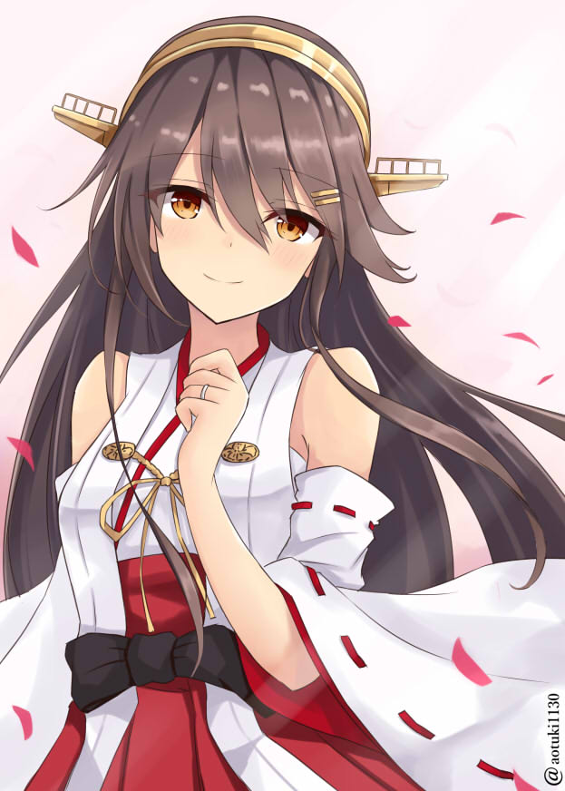1girl bare_shoulders black_hair brown_eyes cowboy_shot dazzle_paint detached_sleeves gensoukitan hair_ornament hairband hairclip haruna_(kantai_collection) headgear jewelry kantai_collection long_hair looking_at_viewer nontraditional_miko petals pink_background ribbon-trimmed_sleeves ribbon_trim ring solo twitter_username wedding_band wide_sleeves