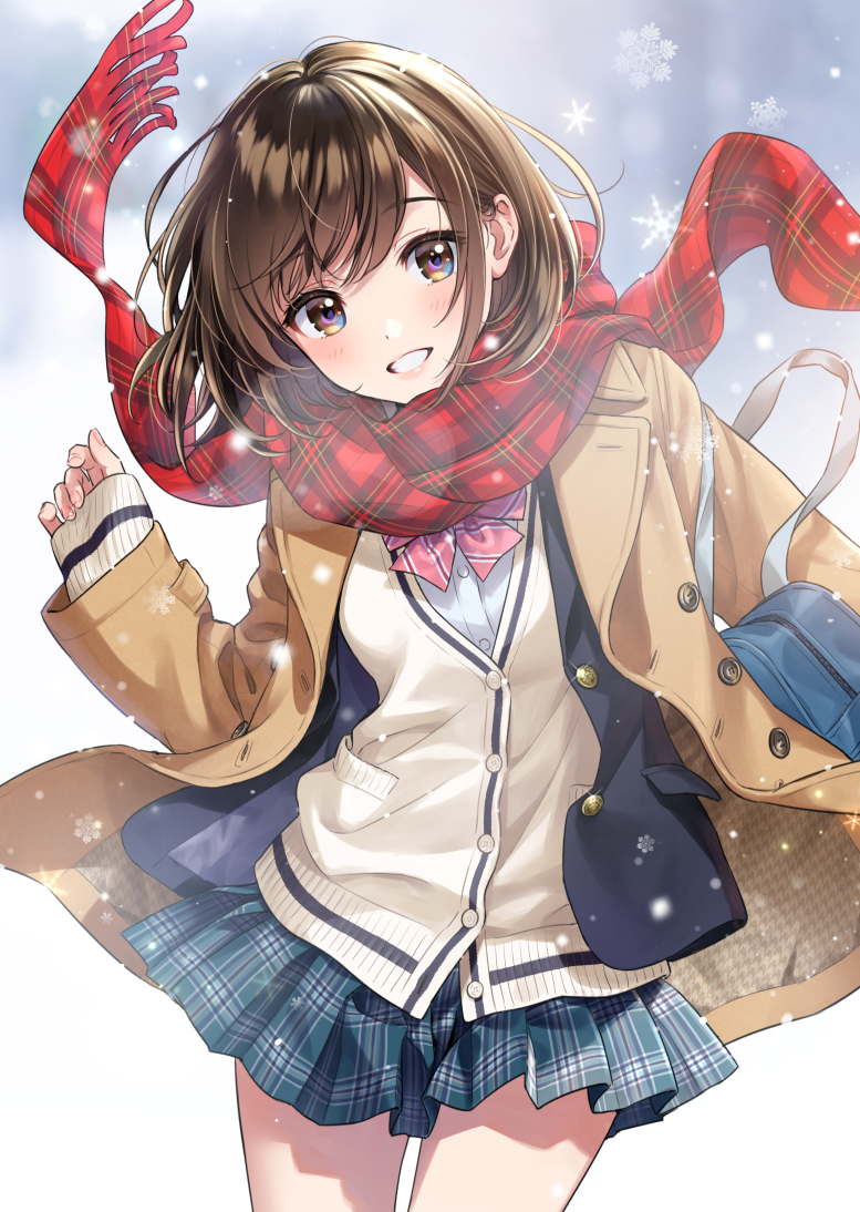 1girl bob_cut bow bowtie brown_eyes brown_hair buttons coat looking_at_viewer morikura_en open_clothes open_coat original plaid plaid_scarf pleated_skirt red_scarf scarf school_uniform short_hair skirt sleeves_past_wrists smile snowflakes snowing standing teeth uniform wind wind_lift winter_clothes
