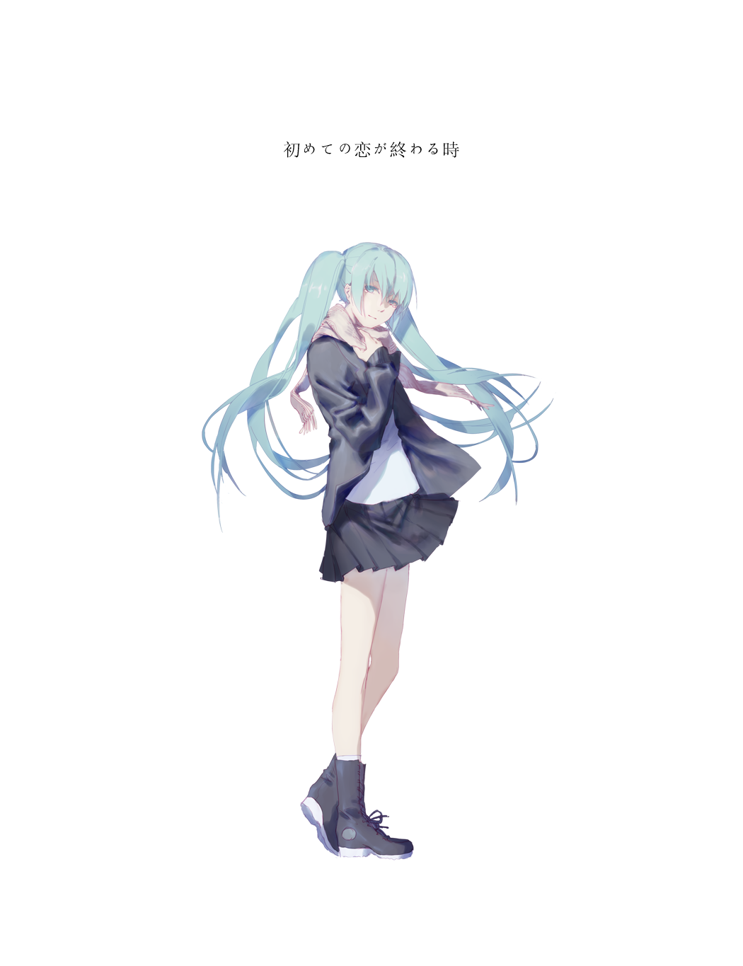 aqua_eyes aqua_hair bangs black_footwear black_skirt boots closed_mouth copyright_name cross-laced_footwear full_body grey_scarf hajimete_no_koi_ga_owaru_toki_(vocaloid) hand_up hatsune_miku highres jacket lace-up_boots light_smile long_hair looking_at_viewer open_clothes open_jacket pleated_skirt scarf sidelocks simple_background skirt solo song_name spencer_sais standing translated twintails very_long_hair vocaloid white_background