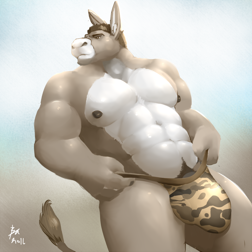 2016 abs anthro barely_visible_genitalia biceps bin_(artist) biped black_nipples brown_eyes brown_hair bulge clothed clothing countershade_torso countershading digital_media_(artwork) donkey equine front_view fur gabe_gannon grey_fur grey_tail hair jockstrap looking_away male mammal multicolored_fur muscular muscular_male nipples pecs penis penis_base pepsi_(fa) portrait pubes short_hair signature simple_background snout solo standing subtle_penis tail_tuft three-quarter_portrait topless tuft two_tone_fur underwear white_background white_countershading white_fur