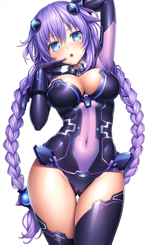 :o arm_up blue_eyes blush braid breasts cameltoe choujigen_game_neptune commentary covered_navel cowboy_shot erect_nipples gluteal_fold hair_between_eyes lambda_(kusowarota) large_breasts long_hair looking_at_viewer neptune_(choujigen_game_neptune) neptune_(series) purple_hair purple_heart simple_background solo thigh_gap thighhighs twin_braids very_long_hair white_background