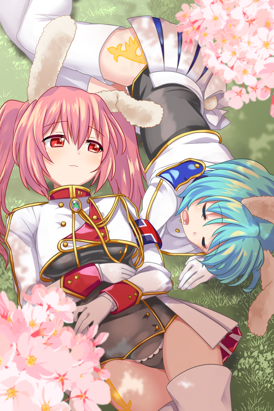 animal_ears armband bangs blue_hair bunny_ears cherry_blossoms chiester410 chiester45 chiester_sisters drooling gloves grass highres kamaboko_red light_smile long_hair looking_at_another lying multiple_girls on_back pink_hair red_eyes short_hair showgirl_skirt sleeping thighhighs twintails umineko_no_naku_koro_ni