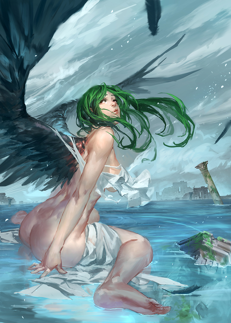 1girl arm_support ass baraba_baba barefoot breasts butt_crack feathers green_hair large_breasts long_hair looking_back original partially_submerged red_eyes rubble ruins sideboob sitting soles wariza water wings