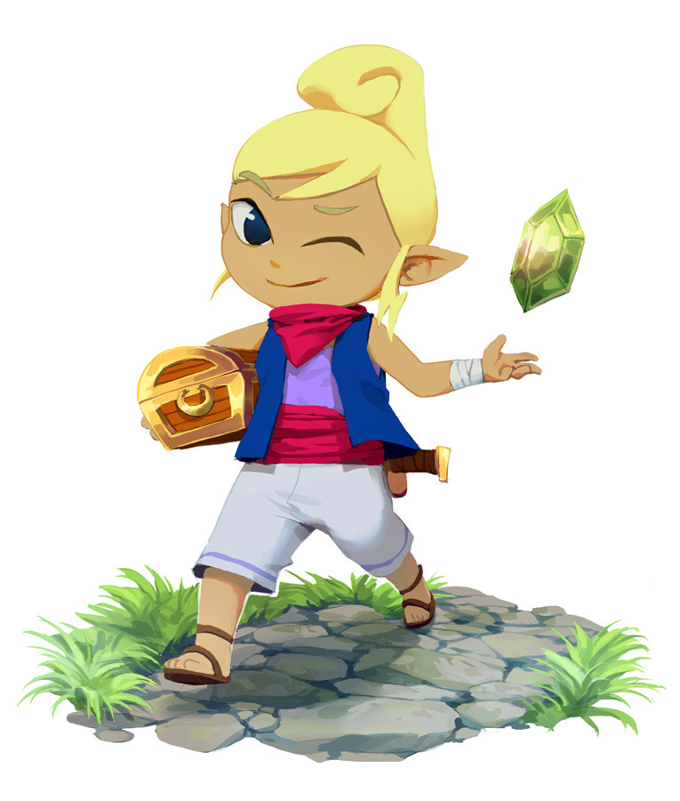 2018 blonde_hair clothing female footwear grass hair holding_object humanoid hylian nikogeyer nintendo not_furry one_eye_closed pointy_ears sandals smile solo tetra_(zelda) the_legend_of_zelda toes video_games wind_waker wink