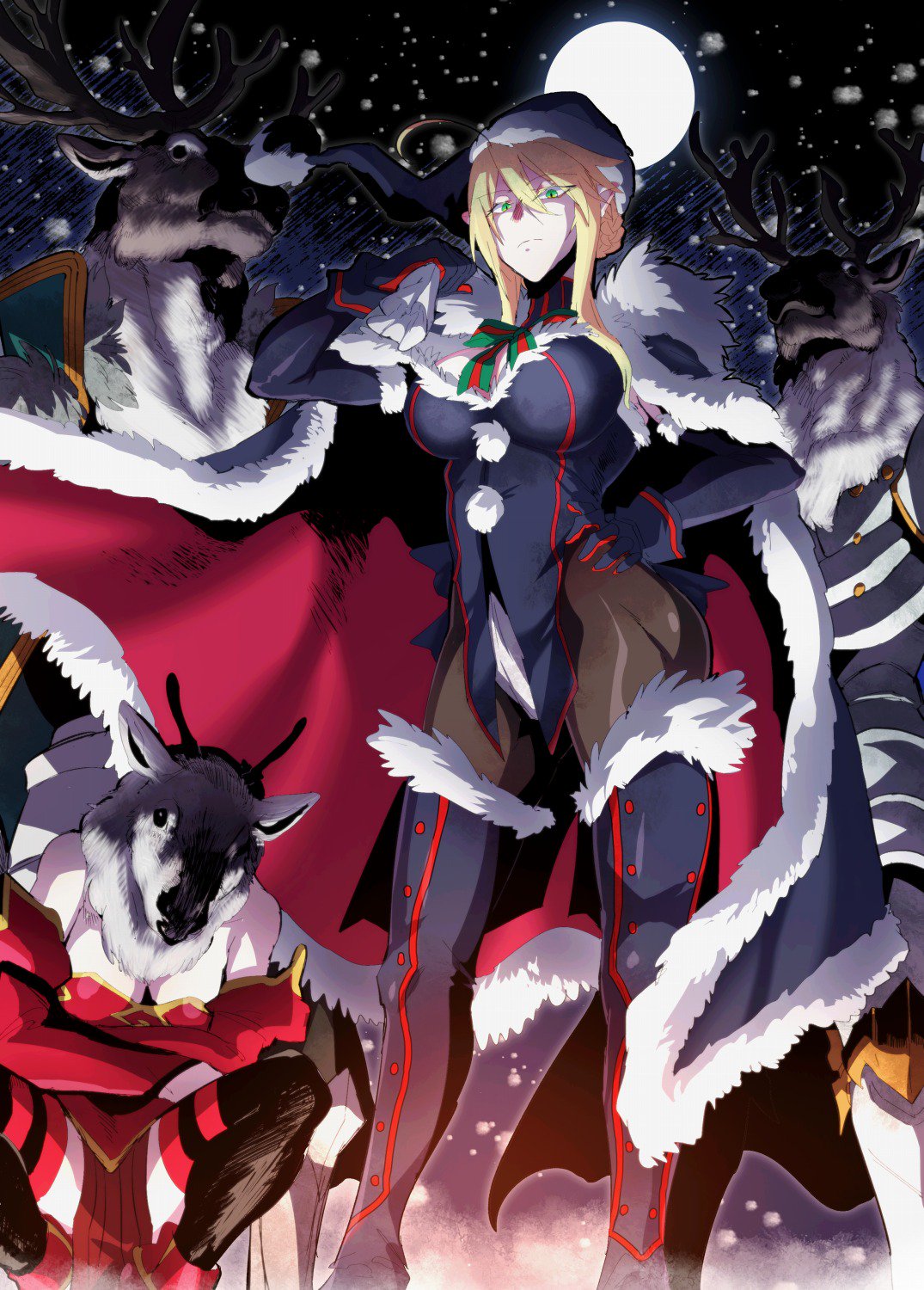 2girls animal_costume antlers artoria_pendragon_(all) artoria_pendragon_(lancer_alter) blonde_hair breasts cleavage fate/grand_order fate_(series) full_moon green_eyes hair_between_eyes hand_on_hip hat highres large_breasts looking_at_viewer moon mordred_(fate)_(all) multiple_girls reindeer_antlers reindeer_costume ribbon santa_costume santa_hat snowing squatting takatsuki_nato thighhighs thighs