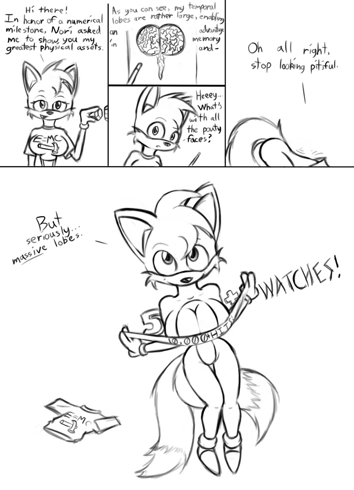 ass_up bent_over big_breasts bottomless breasts canine cleavage clothed clothing crossgender female fox huge_breasts looking_at_viewer mammal miles_prower multi_tail norithics nude presenting presenting_breasts shirt sonic_(series) undressing