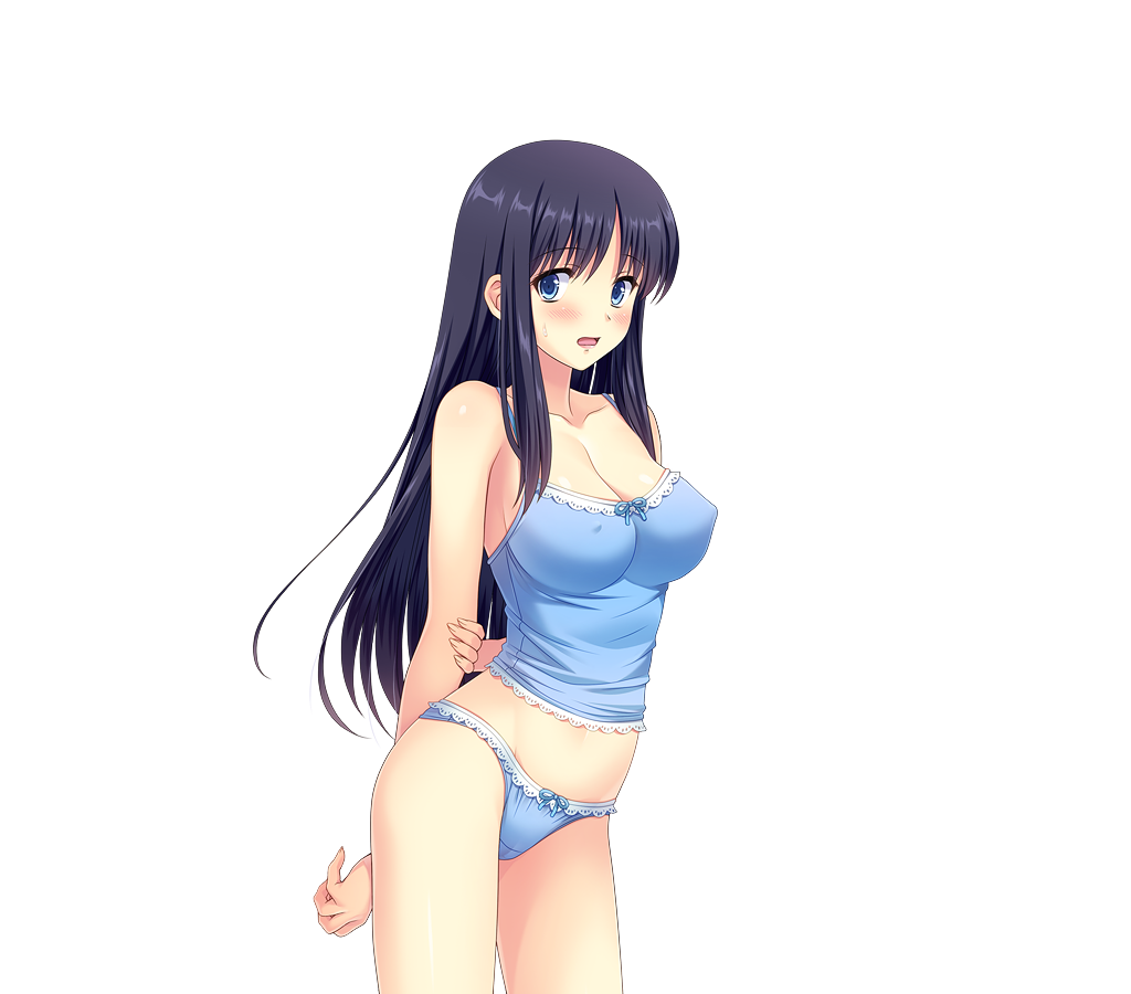 1girl bare_arms bare_legs blue_eyes blue_panties blush breasts cleavage cowboy_shot embarrassed erect_nipples eyebrows eyebrows_visible_through_hair game_cg highres jinno_ai kuroda_akimi large_breasts legs long_hair looking_at_viewer midriff open_mouth original panties purple_hair simple_background sleeveless solo standing thighs tsumamigui_3 underwear white_background