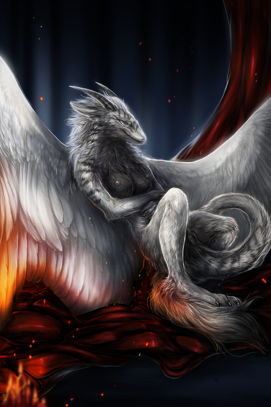 anthro blue_eyes breasts digitigrade dragon feathered_dragon feathers female fur furred_dragon grey_fur horn isvoc nipples non-mammal_breasts nude sitting solo white_feathers