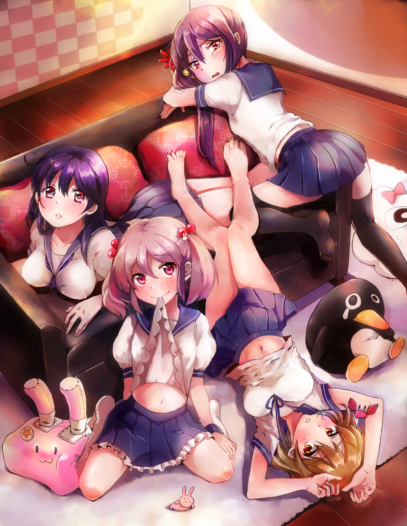 ahoge akebono_(kantai_collection) apron bandaid bandaid_on_face barefoot bell black_hair black_legwear blue_skirt breasts brown_eyes brown_hair bunny carpet checkered checkered_wall commentary_request couch crab eyebrows eyebrows_visible_through_hair failure_penguin flower frilled_skirt frills hair_bell hair_between_eyes hair_bobbles hair_flower hair_ornament indoors inuyama_(568252) jingle_bell kantai_collection kneehighs large_breasts long_hair looking_at_viewer lying medium_breasts midriff miss_cloud mouth_hold multiple_girls navel no_shoes oboro_(kantai_collection) on_back on_stomach pillow pink_eyes pink_hair pleated_skirt purple_eyes purple_hair remodel_(kantai_collection) sazanami_(kantai_collection) school_uniform serafuku shirt_in_mouth short_hair short_sleeves side_ponytail sitting skirt small_breasts smile twintails ushio_(kantai_collection) very_long_hair white_legwear wooden_floor