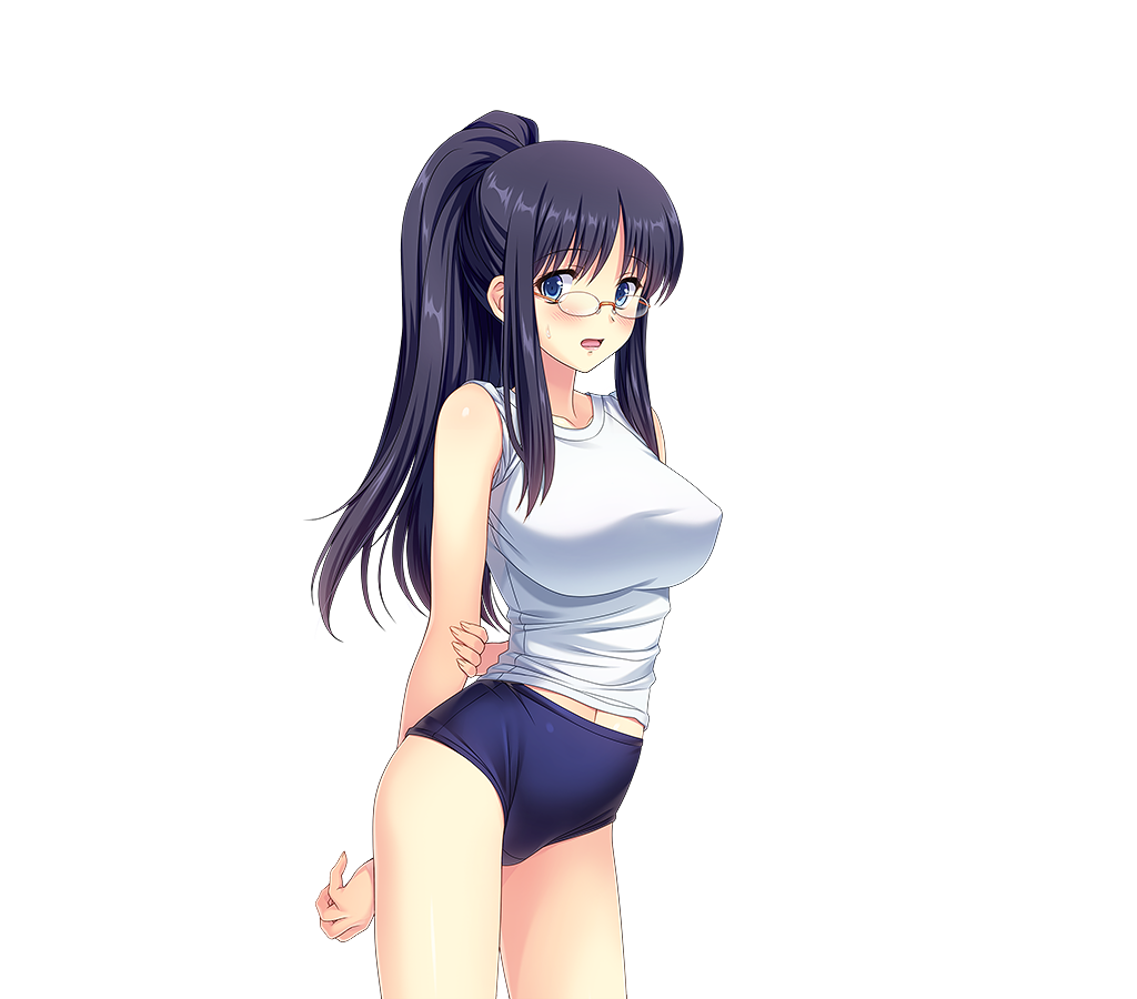 1girl arms_behind_back bare_arms bare_legs bloomers blue_eyes blush breasts buruma cowboy_shot embarrassed eyebrows eyebrows_visible_through_hair game_cg glasses gym_uniform highres jinno_ai kuroda_akimi large_breasts legs long_hair looking_at_viewer open_mouth original ponytail purple_hair simple_background sleeveless solo standing thighs tsumamigui_3 white_background