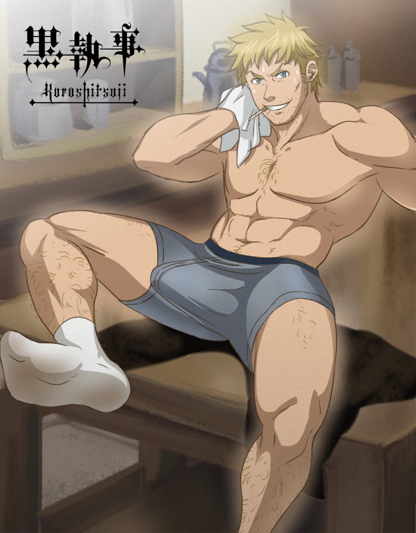 1boy aizenhower as bardroy blonde_hair blue_eyes body_hair bulge erection facial_hair feet kitchen kuroshitsuji looking_at_viewer muscle naughty_face sitting smile socks solo sweat teeth topless underwear undressing