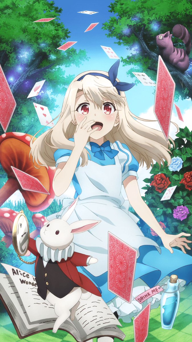 :d alice_(wonderland) alice_(wonderland)_(cosplay) alice_in_wonderland apron blonde_hair bloomers book bunny card cheshire_cat cosplay dress drink_me fate/kaleid_liner_prisma_illya fate_(series) flower hair_ribbon highres illyasviel_von_einzbern long_hair looking_at_viewer mushroom non-web_source official_art open_mouth pantyhose playing_card potion red_eyes ribbon rose smile tree underwear watch white_legwear white_rabbit