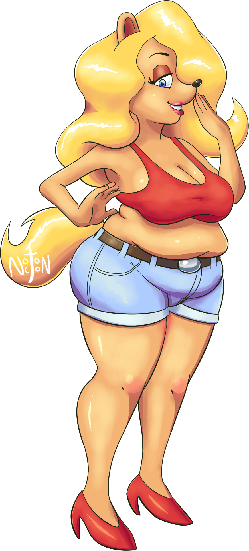 alpha_channel bandicoot big_breasts blonde_hair blue_eyes breasts cleavage clothed clothing crash_bandicoot_(series) crop_top female footwear hair hi_res high_heels long_hair mammal marsupial noctoon shirt shoes shorts signature simple_background slightly_chubby solo standing tawna_bandicoot transparent_background video_games