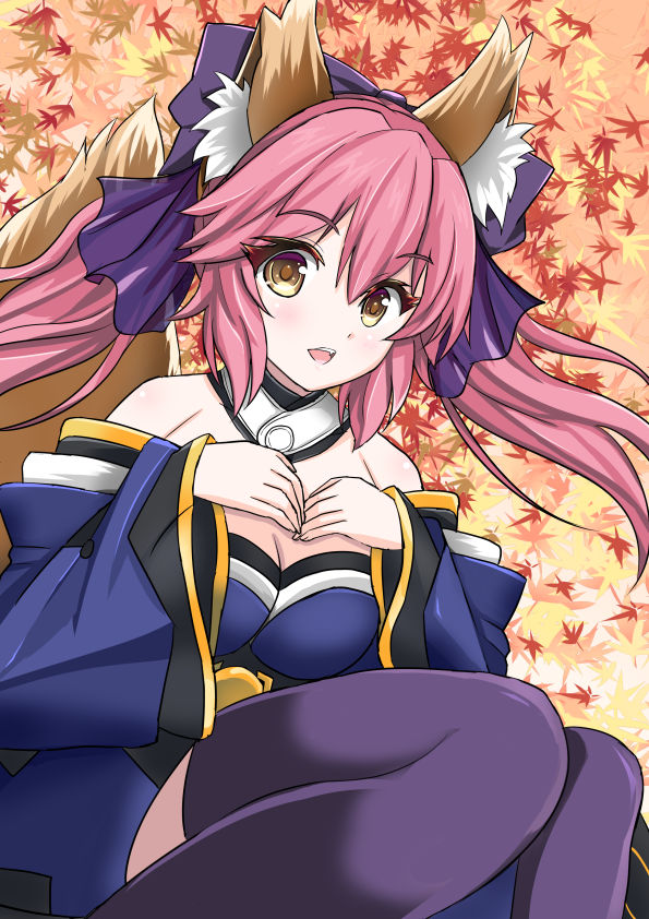 1girl animal_ears black_legwear blue_sleeves breasts brown_eyes cleavage detached_sleeves eyebrows_visible_through_hair fate/apocrypha fate_(series) floating_hair fox_ears fox_tail hair_between_eyes large_breasts long_hair long_sleeves looking_at_viewer natsuzakura_yuuki open_mouth pink_hair sitting solo strapless tail tamamo_(fate)_(all) tamamo_no_mae_(fate) thighhighs twintails very_long_hair