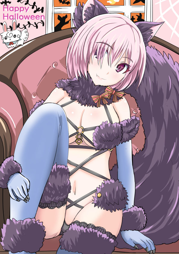 1girl animal_ears black_panties blue_gloves blue_legwear breasts choker cleavage dangerous_beast eyebrows_visible_through_hair eyes_visible_through_hair fang_out fate/grand_order fate_(series) fou_(fate/grand_order) gloves hair_between_eyes hair_over_one_eye happy_halloween head_tilt large_breasts looking_at_viewer mash_kyrielight natsuzakura_yuuki navel panties pink_hair red_eyes revealing_clothes shiny shiny_skin short_hair sitting smile solo tail thighhighs underwear wolf_ears wolf_tail