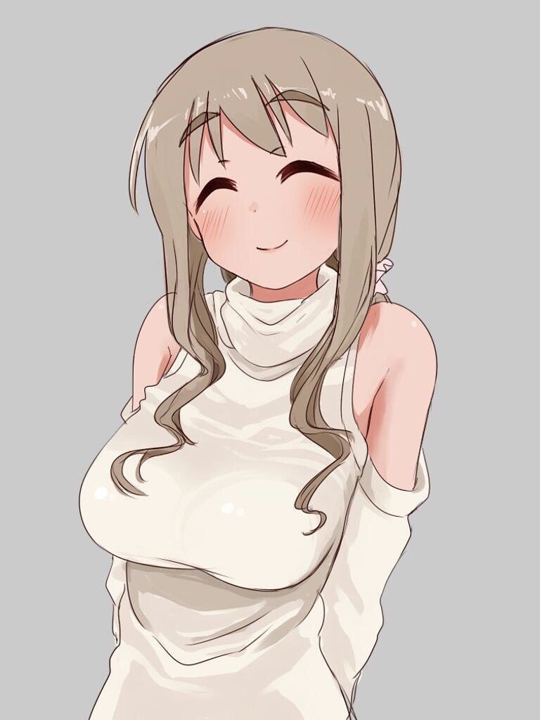 arms_behind_back bangs bare_shoulders blush brown_eyes brown_hair closed_eyes closed_mouth commentary_request detached_sleeves eyebrows_visible_through_hair grey_background halterneck long_hair looking_at_viewer matsumoto_yoriko scrunchie shirt simple_background smile solo standing suto_(iamsuto) turtleneck upper_body white_shirt yuyushiki