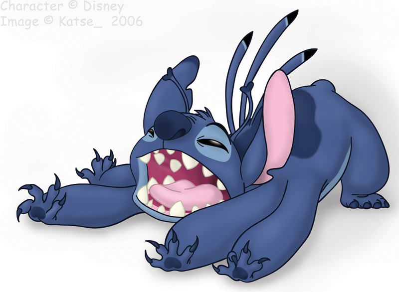 &copy; 2006 4_arms 4_fingers 4_toes alien antennae back_markings back_spines black_eyes blue_claws blue_fur blue_nose claws comic_sans dipstick_antennae disney experiment_(species) fur grey_background head_tuft katseartist lilo_and_stitch markings multi_arm multi_limb notched_ear open_mouth simple_background solo squint stitch stretching toes watermark yawn