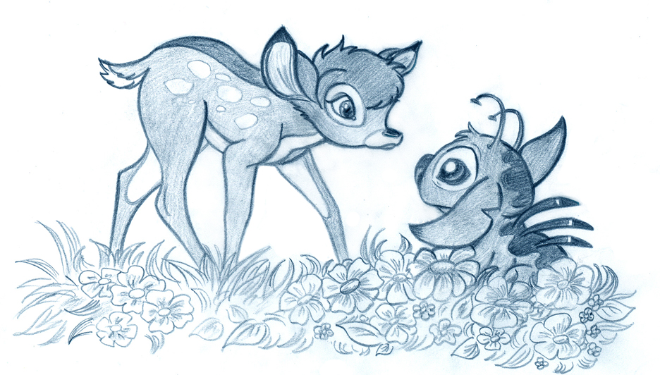 2007 alien all_fours antennae back_markings back_spines bambi bambi_(film) blue_and_white cervine crossover deer disney duo experiment_(species) feral flower fur geekyreverie grass head_tuft leaf lilo_and_stitch mammal markings monochrome notched_ear plant simple_background sketch spots spotted_fur stare stitch traditional_media_(artwork) tuft white_background