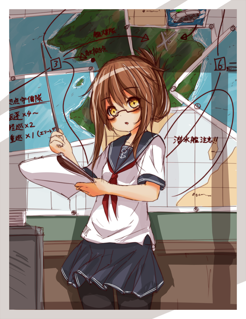 bespectacled black_legwear blush brown_eyes brown_hair commentary_request eyebrows_visible_through_hair folded_ponytail glasses holding inazuma_(kantai_collection) kantai_collection looking_at_viewer map mikuma_folgore neckerchief pantyhose revision school_uniform serafuku short_hair sidelocks sketch skirt solo standing