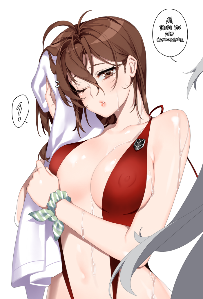 2girls ? aek-999_(girls_frontline) antenna_hair breasts brown_eyes brown_hair collarbone deathalice drying emblem english_text erect_nipples female_commander_(girls_frontline) girls_frontline hair_between_eyes large_breasts long_hair looking_at_another multiple_girls navel one_eye_closed out_of_frame parted_lips red_swimsuit silver_hair simple_background slingshot_swimsuit solo_focus speech_bubble spoken_question_mark swimsuit towel upper_body very_long_hair wet white_background
