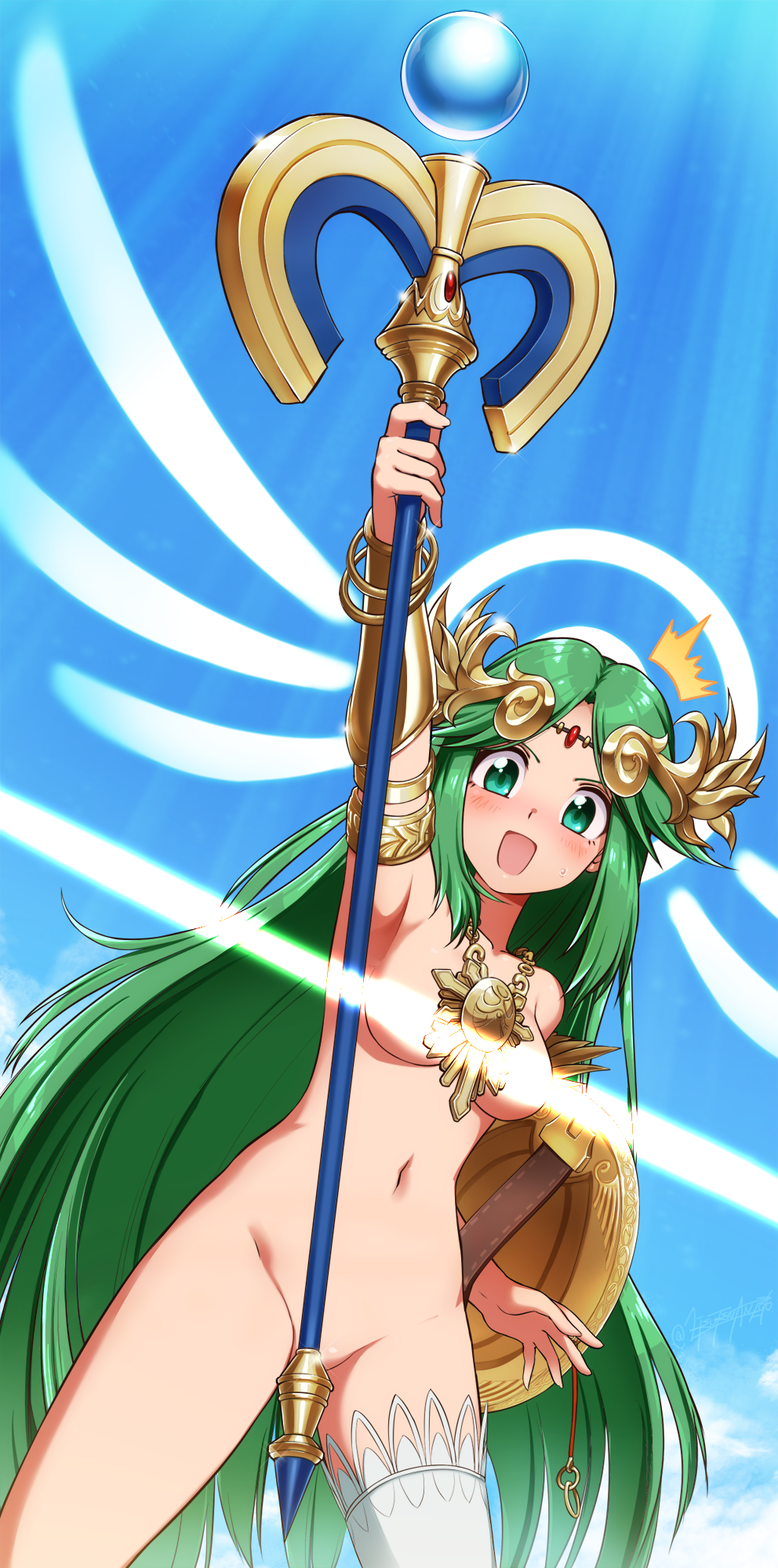 /\/\/\ 1girl :d aqua_eyes arm_up armlet bangs blue_sky blush bracelet bracer breasts cloud collarbone convenient_censoring cowboy_shot day dutch_angle gem glint goddess gold green_hair highres holding holding_staff jewelry kid_icarus legs_apart light_beam light_censor medium_breasts necklace nintendo open_mouth palutena parted_bangs partially_undressed shield single_thighhigh sky smile solo sparkle staff straight_hair surprised sweat takahashi_umori thighhighs tiara twitter_username white_legwear