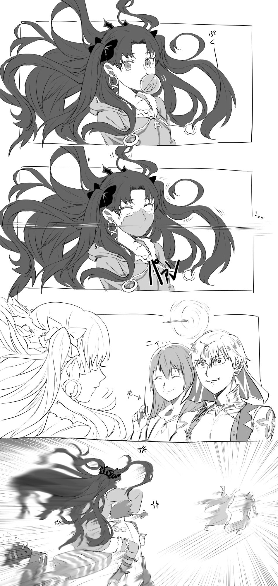1girl 4koma androgynous arabian_clothes artist_request bull chasing chewing_gum comic earrings enkidu_(fate/strange_fake) fate/grand_order fate/stay_night fate/strange_fake fate_(series) gilgamesh gilgamesh_(caster)_(fate) greyscale ground_vehicle gugalanna hair_ribbon highres ishtar_(fate/grand_order) ishtar_(swimsuit_rider)_(fate) jewelry long_hair looking_at_viewer monochrome motor_vehicle necklace open_mouth ribbon robe scooter short_hair silent_comic thighhighs trolling