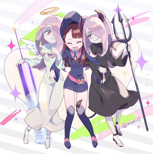 alternate_costume angel angel_and_devil angel_wings boots bright_pupils brown_hair commentary_request demon_girl demon_tail demon_wings evil_smile girl_sandwich hair_over_one_eye halo hat kagari_atsuko komoreg large_syringe little_witch_academia locked_arms long_hair multiple_girls multiple_persona oversized_object polearm red_eyes sandwiched smile sucy_manbavaran sweatdrop syringe tail trident twitter_username weapon white_pupils wings witch witch_hat