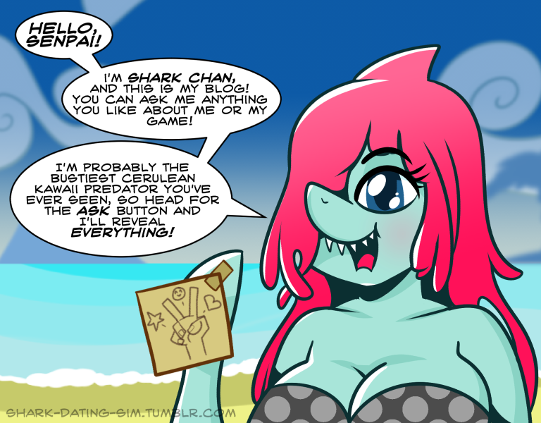 &lt;3 anthro beach big_breasts bikini blue_eyes breasts catfood-mcfly cleavage clothed clothing dialogue english_text female fish hair marine open_mouth paper pink_hair seaside shark shark-chan shark_dating_simulator_xl sharp_teeth solo speech_bubble swimsuit teeth text tumblr v_sign