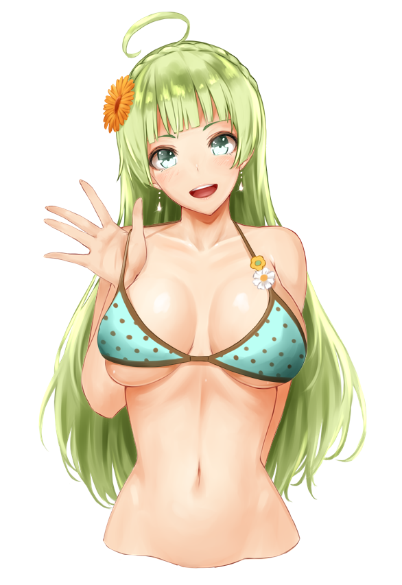 ahoge aqua_bikini bikini bikini_pull blue_eyes blush braid breasts collarbone commentary_request cropped_torso crown_braid earrings flower green_hair hand_up idolmaster idolmaster_million_live! jewelry kitagawa_onitarou large_breasts long_hair looking_at_viewer open_mouth orange_flower polka_dot polka_dot_bikini shimabara_elena simple_background smile solo swimsuit upper_body white_background