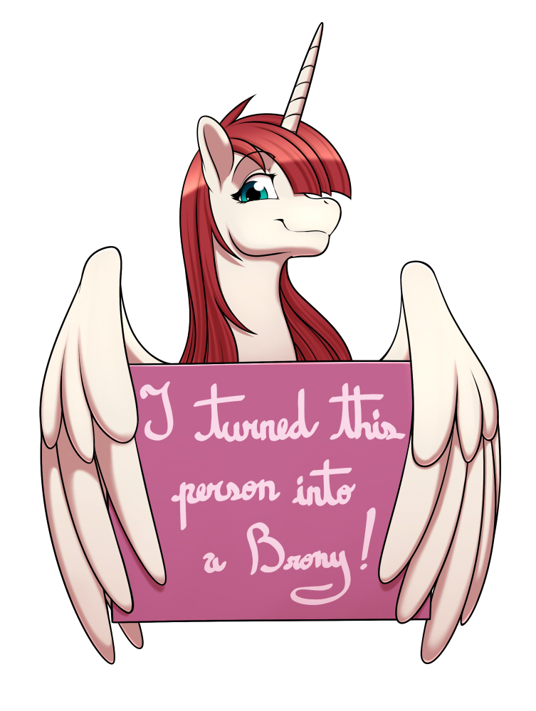 2017 blue_eyes english_text equine feathered_wings feathers female freckles_(artist) hair horn lauren_faust_(character) long_hair looking_at_viewer mammal my_little_pony red_hair sign simple_background smile solo text white_background winged_unicorn wings