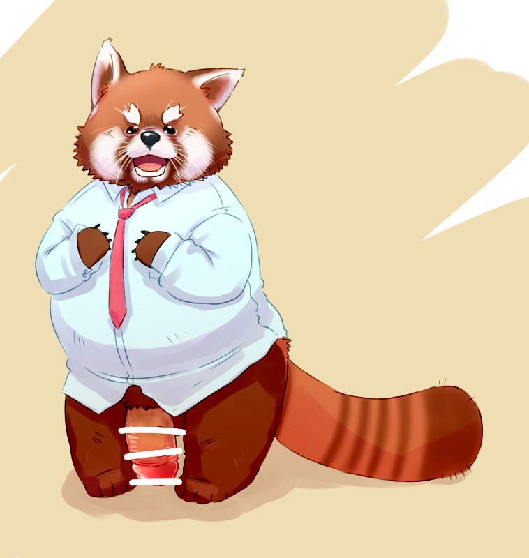 2018 anthro belly clothing male mammal necktie overweight overweight_male penis red_panda shirt simple_background solo totemoii_029