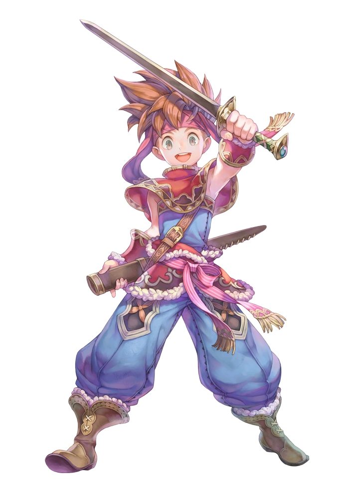 boots bracer brown_hair fur_trim haccan headband looking_at_viewer male_focus official_art open_mouth poncho randi scabbard seiken_densetsu seiken_densetsu_2 sheath simple_background sleeveless smile solo spiked_hair square_enix sword weapon white_background