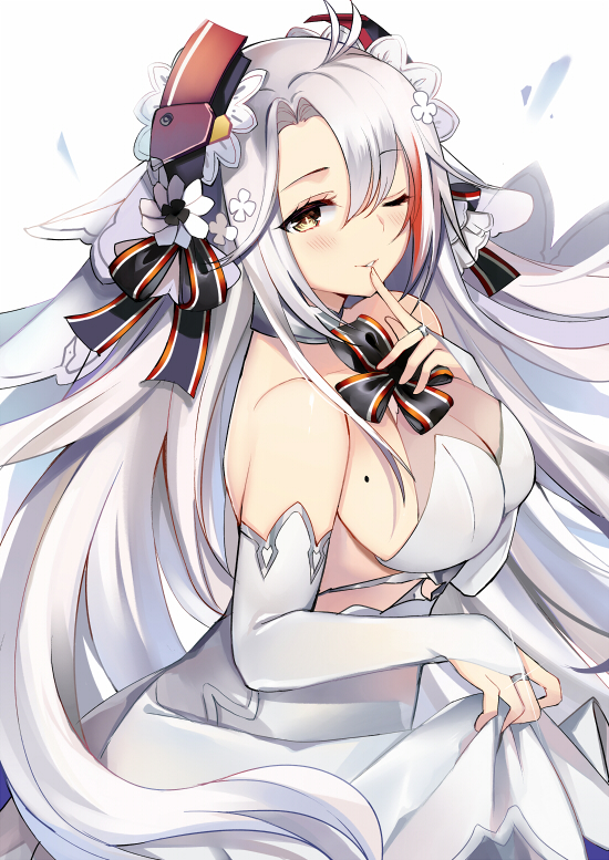 1girl antenna_hair azur_lane bangs bare_shoulders blush breasts bridal_gauntlets bridal_veil brown_eyes choker cowboy_shot dress dress_lift eyebrows_visible_through_hair finger_to_mouth glint gloves hair_between_eyes large_breasts lifted_by_self long_hair looking_at_viewer mole mole_on_breast multicolored_hair one_eye_closed parted_lips prinz_eugen_(azur_lane) red_hair ribbon ry_thae shushing silver_hair simple_background smile solo strapless strapless_dress streaked_hair two_side_up veil very_long_hair wedding_dress white_background white_dress white_gloves