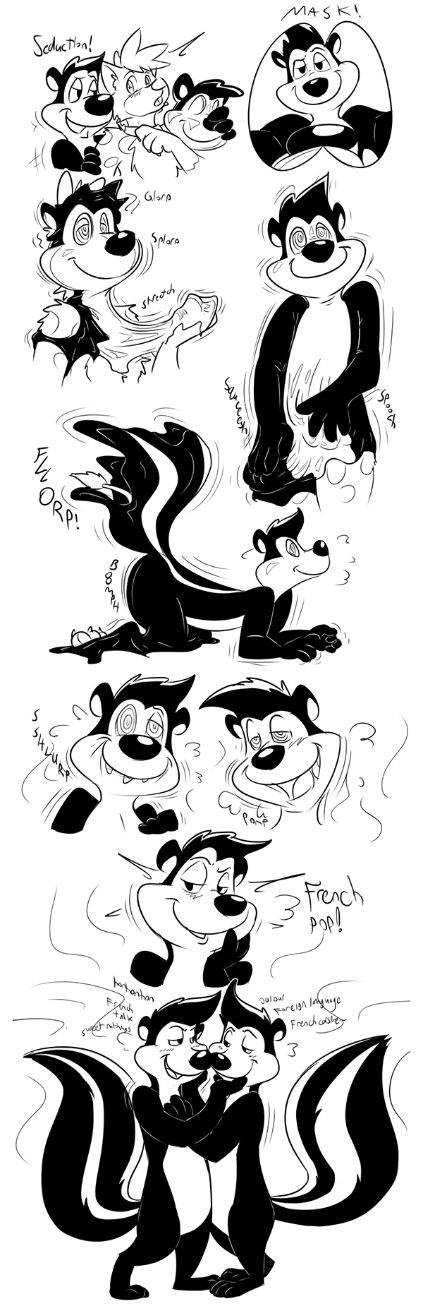 2017 all_fours anthro assimilation canine cloning comic corruption embrace english_text frisky-lime furii goo_creature hi_res hyena hypnosis looney_tunes mammal mask messy mind_control monochrome onomatopoeia pep&eacute;_le_pew simple_background skunk sound_effects text transformation warner_brothers white_background