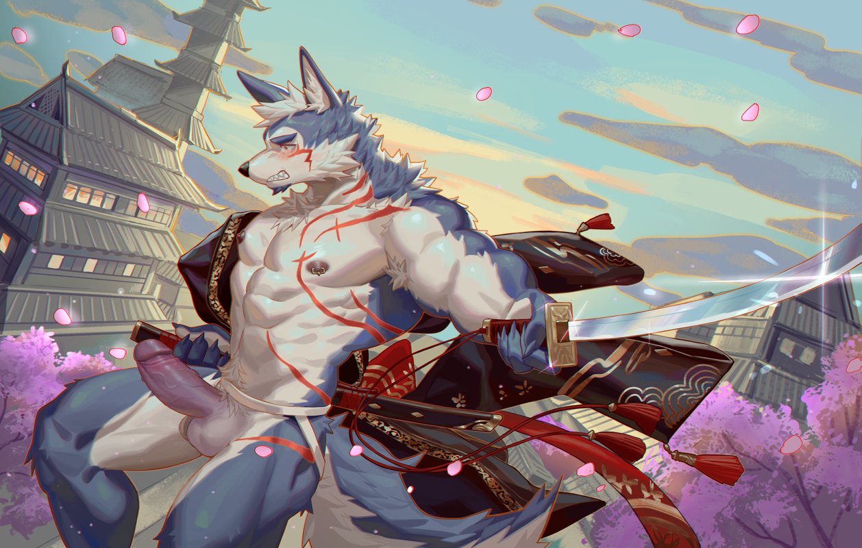 anthro balls canine erection frde kemono male mammal melee_weapon muscular nipples penis seth_(artist) solo sword uncensored weapon wolf