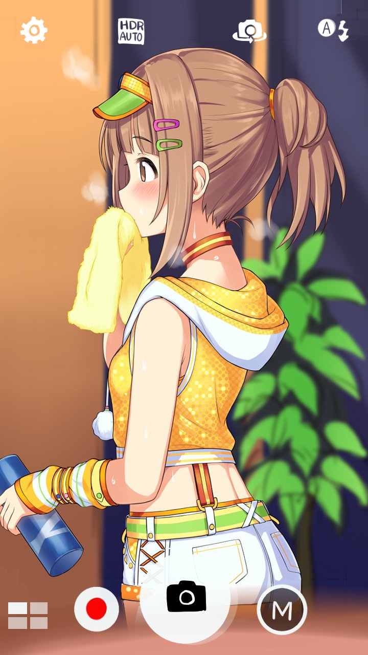 bangs bare_shoulders blurry blush bottle brown_eyes brown_hair choker commentary cowboy_shot crop_top cropped_jacket depth_of_field eyebrows_visible_through_hair from_side green_belt hair_ornament hair_tie hairclip highres hiraga_matsuri holding holding_bottle holding_towel hood hood_down idolmaster idolmaster_cinderella_girls idolmaster_cinderella_girls_starlight_stage kitami_yuzu looking_away midriff phone_screen plant pocket pom_pom_(clothes) profile shiny shiny_hair short_hair short_ponytail short_shorts shorts sidelocks sleeveless_jacket solo standing steam suspender_shorts suspenders sweat sweatband tareme towel viewfinder visor_cap white_shorts wiping wiping_mouth wristband yellow_towel
