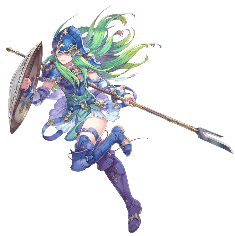 armor belt blue_armor blue_eyes blue_footwear blue_legwear boots breastplate commentary_request detached_sleeves fire_emblem fire_emblem:_souen_no_kiseki fire_emblem_heroes full_body green_hair haccan helmet holding holding_weapon knee_boots leg_up long_hair looking_at_viewer nephenee official_art polearm shield skirt solo spear thighhighs transparent_background weapon