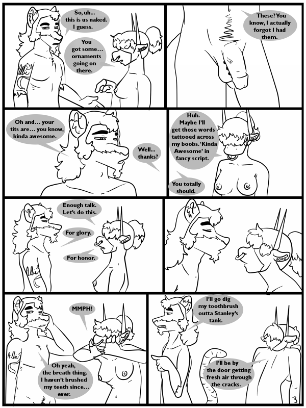 anthro antlers bad_breath balls bovine breasts caprine coffeeandjack_(artist) comic coming_apartments dialogue diri duo eddy english_text facial_piercing female flacid_penis fur genital_piercing goat hair horn humanoid_penis humor male male/female mammal marsupial mizukiki_(artist) nipples nose_piercing nose_ring nude open_mouth opossum penis penis_piercing piercing seductive simple_background small_breasts sofa speech_bubble tattoo text white_background