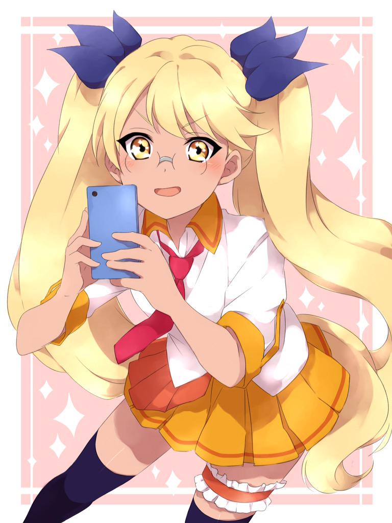 :d bangs blonde_hair blue_bow blue_legwear blush bow cellphone commentary eyebrows_visible_through_hair garters glasses hair_bow holding holding_phone long_hair looking_at_viewer necktie open_mouth orange_skirt parted_lips phone pink_background pink_neckwear pleated_skirt retoree sekina shirt show_by_rock!! skirt smartphone smile solo standing thighhighs twintails v-shaped_eyebrows very_long_hair white_shirt yellow_eyes
