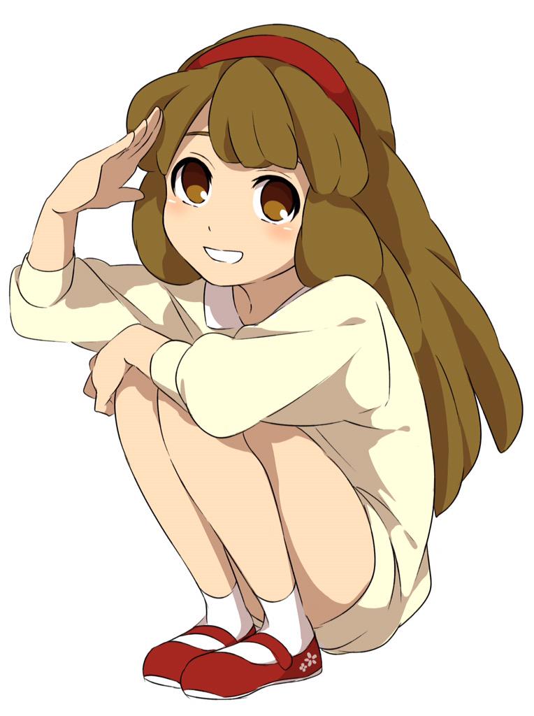 bare_legs blush brown_eyes brown_hair commentary_request full_body hairband inazuma_eleven_go_chrono_stone leg_hug long_hair long_sleeves looking_at_viewer mary_janes nanobana_kinako red_footwear red_hairband salute sekina shoes simple_background smile socks solo squatting sweater white_background white_legwear white_sweater