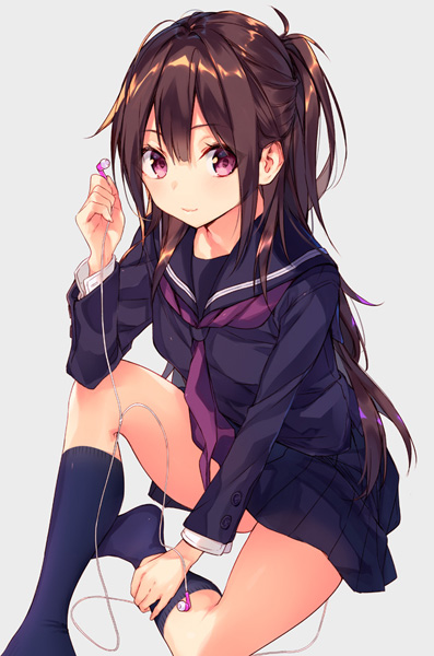 bangs banned_artist black_serafuku black_skirt blush brown_hair closed_mouth earphones earphones_removed eyebrows_visible_through_hair grey_background kneehighs long_hair long_sleeves looking_at_viewer navy_blue_legwear one_side_up original purple_eyes school_uniform serafuku sidelocks simple_background sitting skirt smile solo suisen