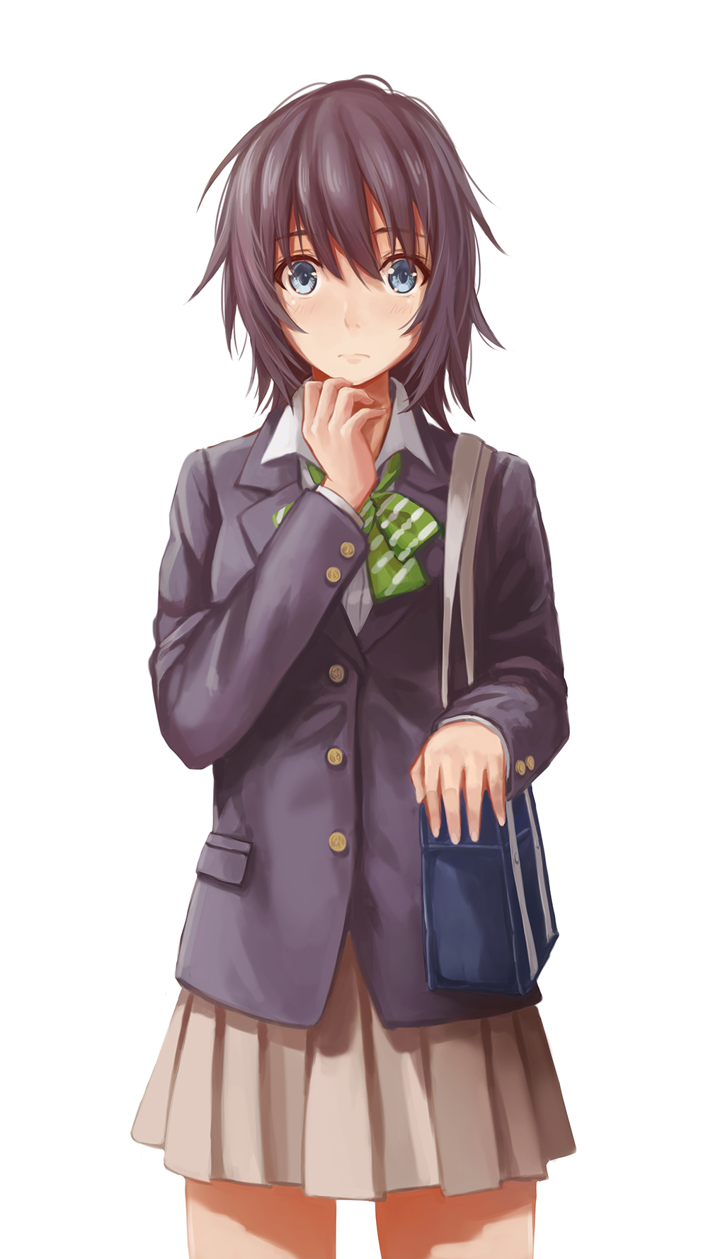 bag black_hair blazer blue_eyes blush bow bowtie brown_skirt closed_mouth collared_shirt eyebrows_visible_through_hair gamers! green_bow green_neckwear hair_between_eyes highres hoshinomori_chiaki jacket long_sleeves looking_at_viewer messy_hair pleated_skirt redpoke school_bag school_uniform shirt short_hair skirt solo striped striped_bow striped_neckwear white_background white_shirt wing_collar