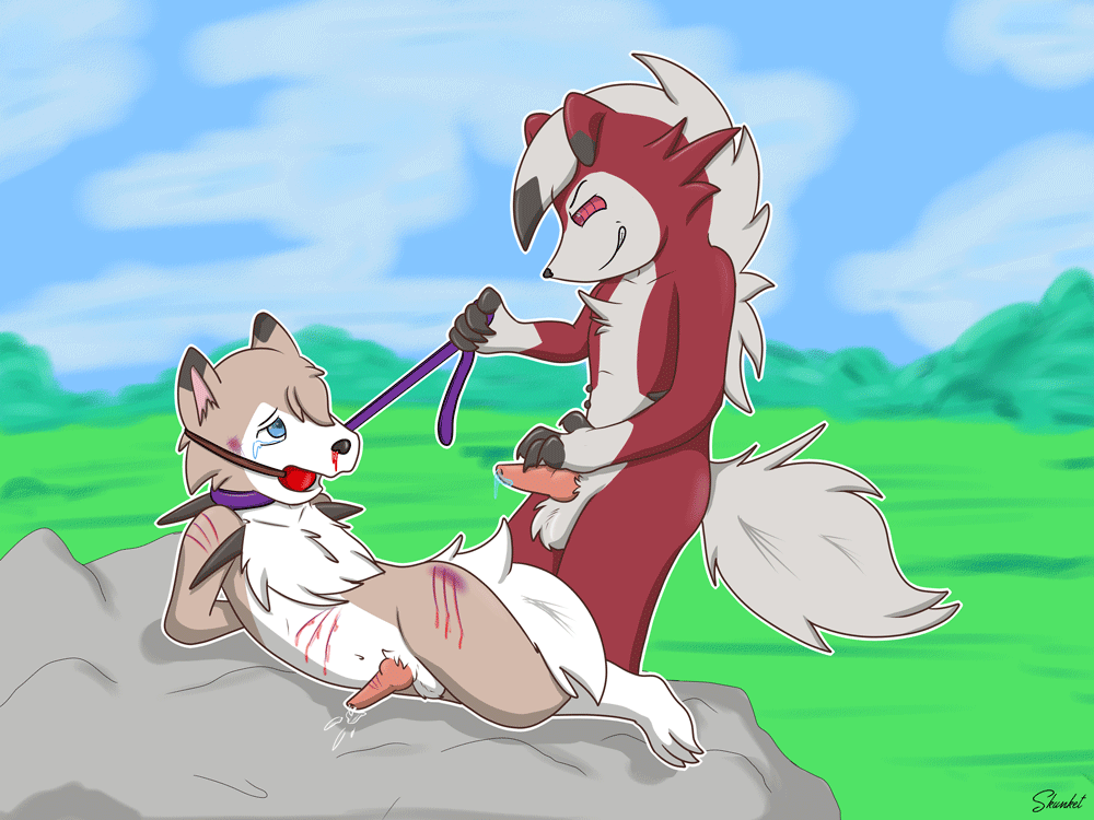 bdsm blood bondage bound crying cub knot lycanroc male male/male nintendo pok&eacute;mon precum skunket tears video_games wounded young