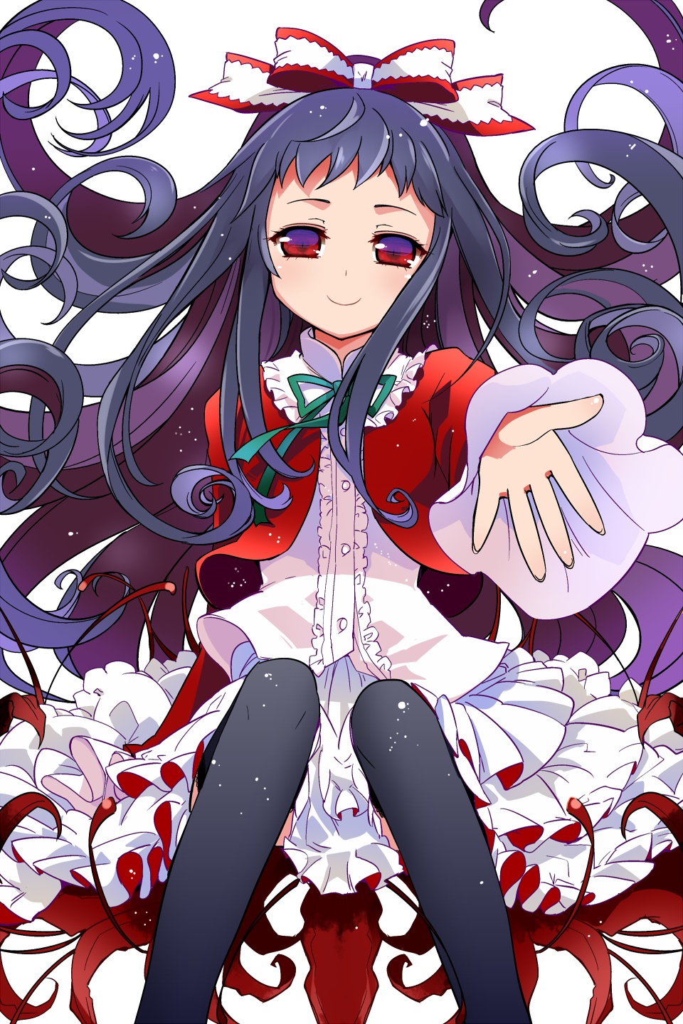 bangs black_legwear bow fingernails flower frilled_skirt frills gradient gradient_eyes higanbana_(higanbana_no_saku_yoru_ni) higanbana_no_saku_yoru_ni highres kamaboko_red long_fingernails long_hair looking_at_viewer multicolored multicolored_eyes outstretched_hand purple_eyes purple_hair red_eyes ribbon sitting skirt smile solo spider_lily thighhighs transparent_background