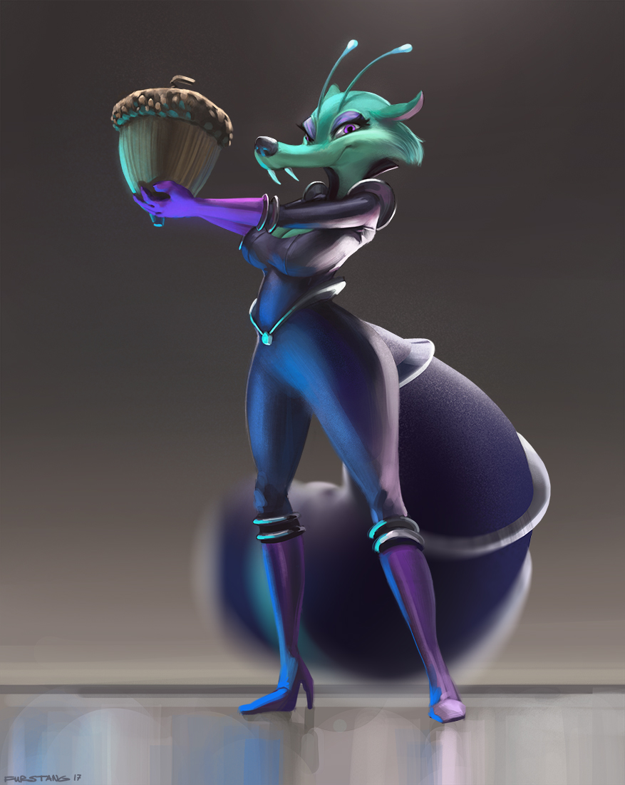 acorn alien antennae anthro big_breasts bodysuit breasts cleavage clothed clothing fangs female footwear fur furstang green_fur high_heels ice_age looking_at_viewer mammal nut purple_eyes rodent scratazon_(ice_age) scratazon_leader shoes skinsuit solo squirrel tight_clothing